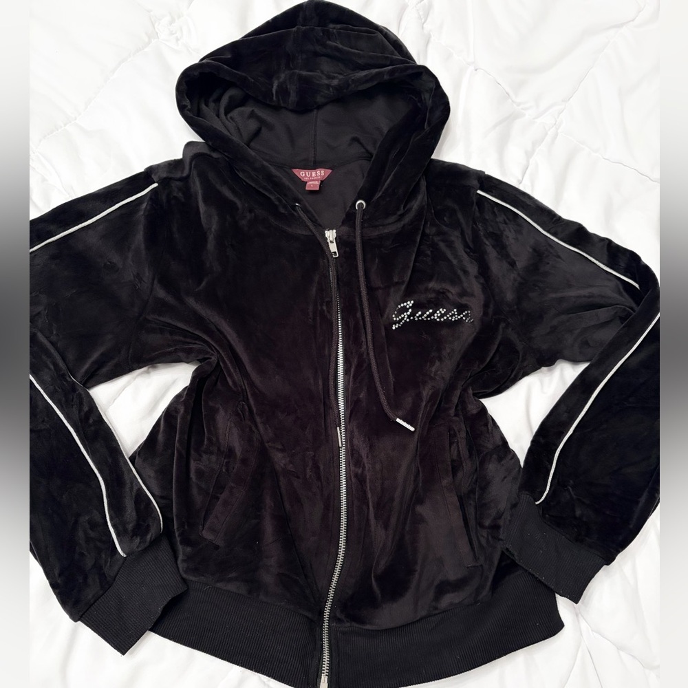 👑🖤 Guess Y2K Black Plush Velour Rhinestone Logo Zip Up Hoodie McBling Baddie